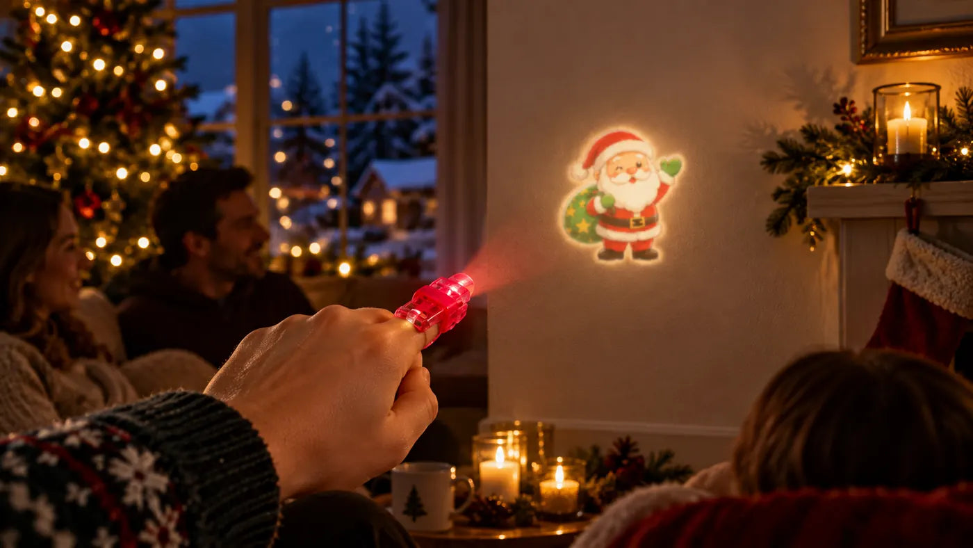 Christmas projector in a cozy room