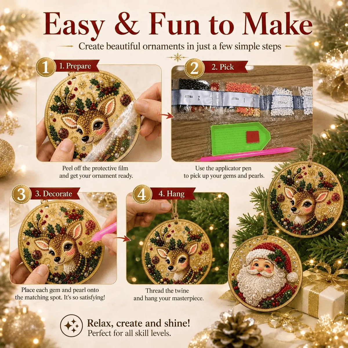 🎄 Christmas DIY Diamond Painting Ornament Kit – 6 Sparkling Ornaments ✨