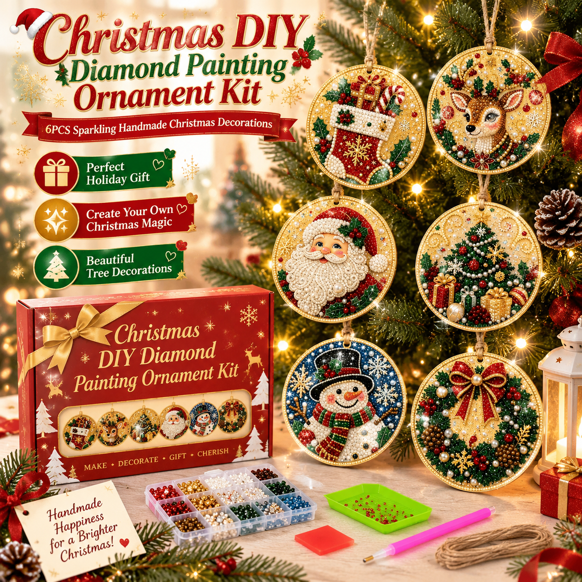 🎄 Christmas DIY Diamond Painting Ornament Kit – 6 Sparkling Ornaments ✨