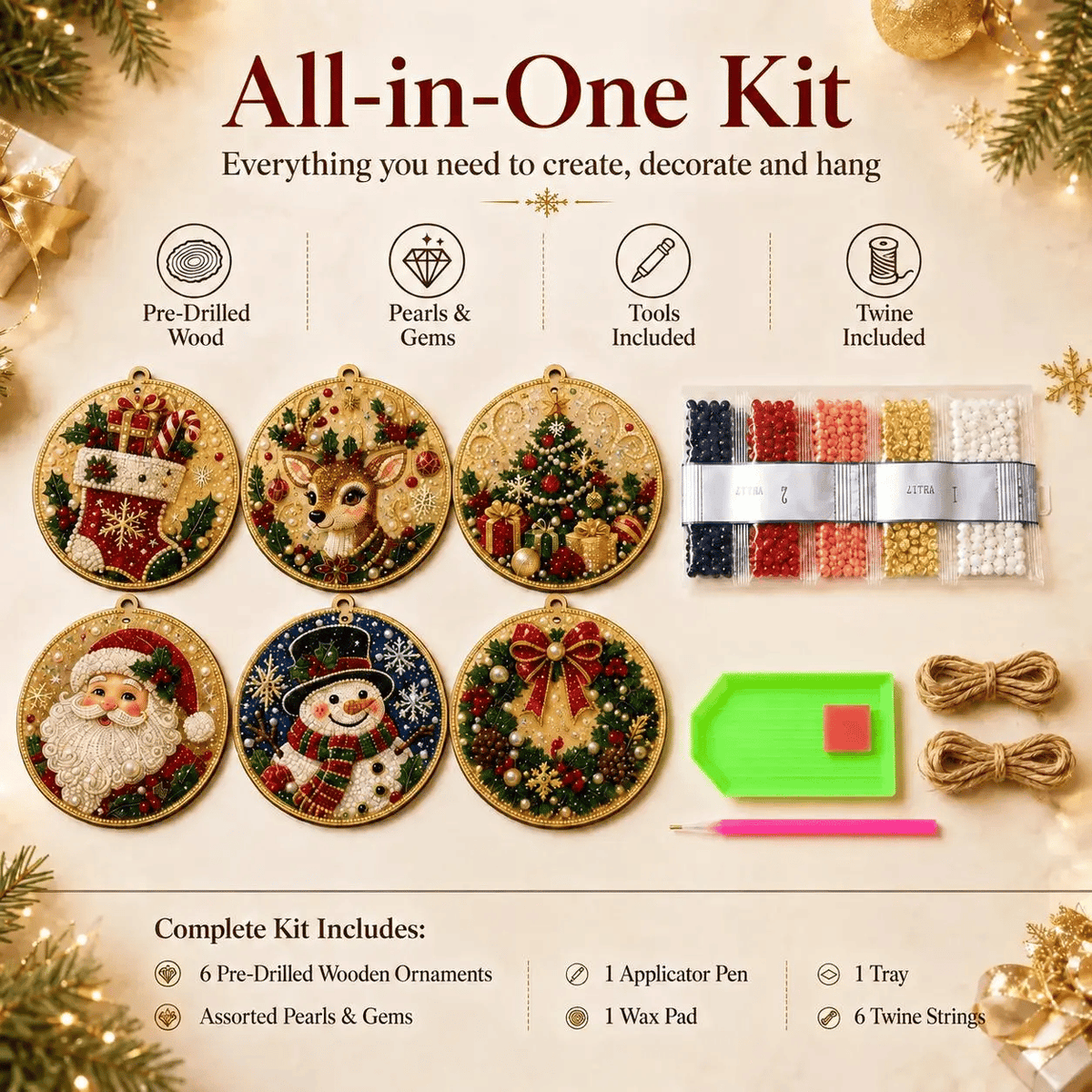 🎄 Christmas DIY Diamond Painting Ornament Kit – 6 Sparkling Ornaments ✨