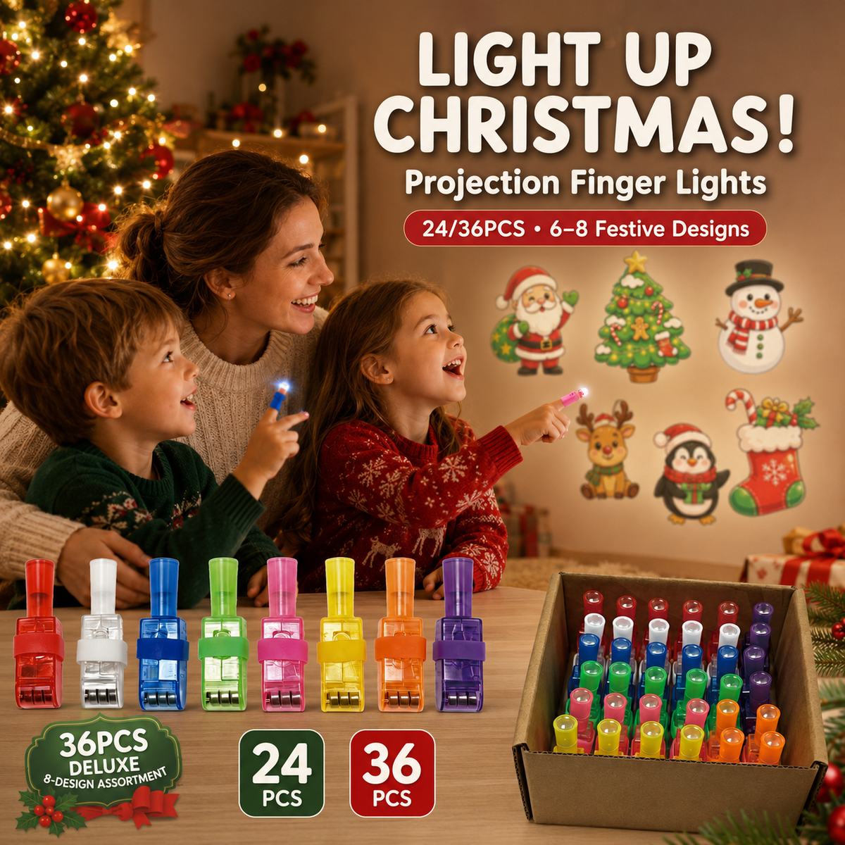 🎄 Christmas Projection Finger Lights – 24/36PCS Stocking Stuffers & Party Favors-1