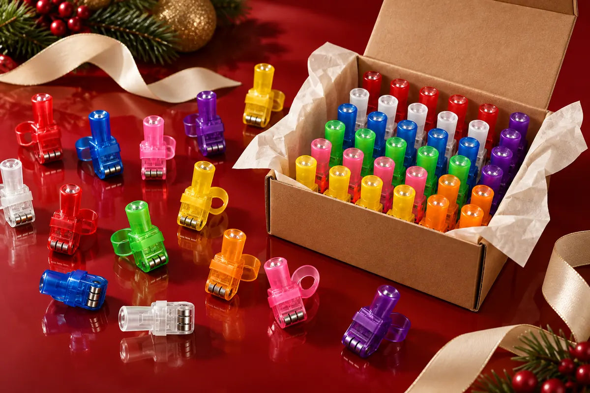 Colorful finger projector lights arranged beside their box